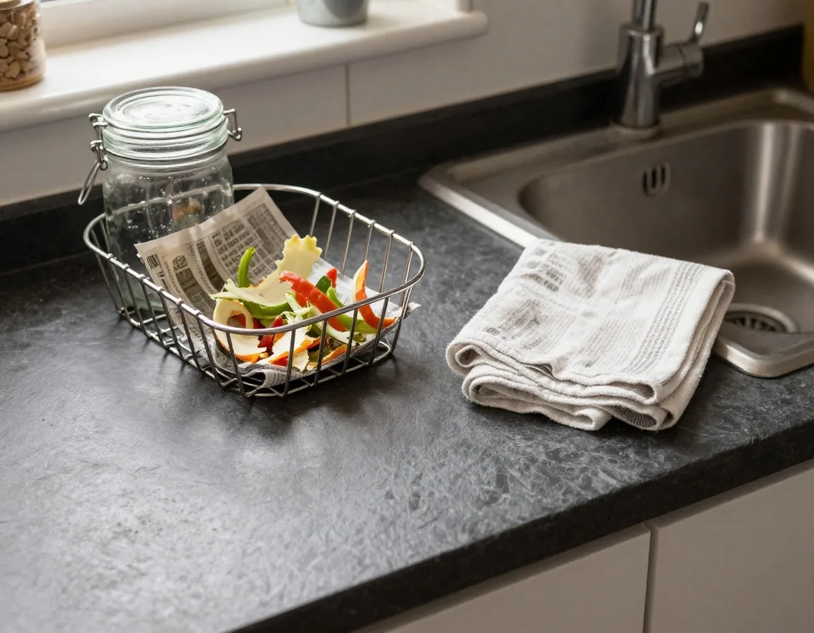 A kitchen worktop in a small flat with a food-waste caddy, folded cloth and reused jar in cool afternoon light