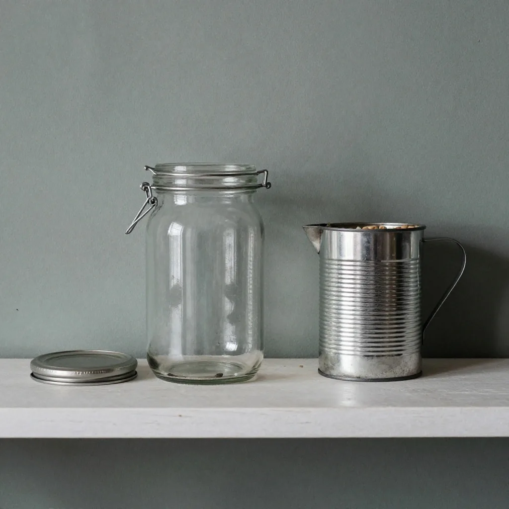 Cutout of a clean glass preserving jar with its metal screw lid resting beside it