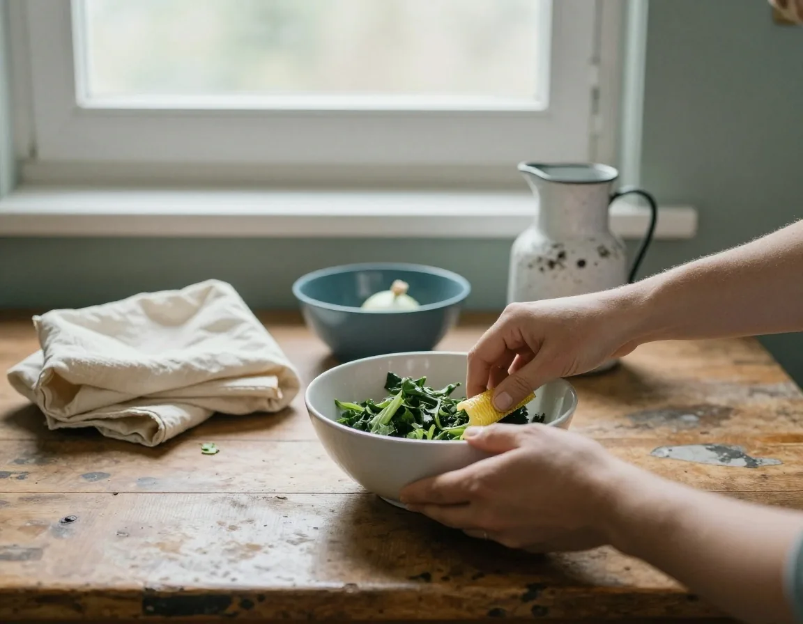 Hands folding a cotton produce bag beside loose vegetables and a walnut cutting board on a slate worktop