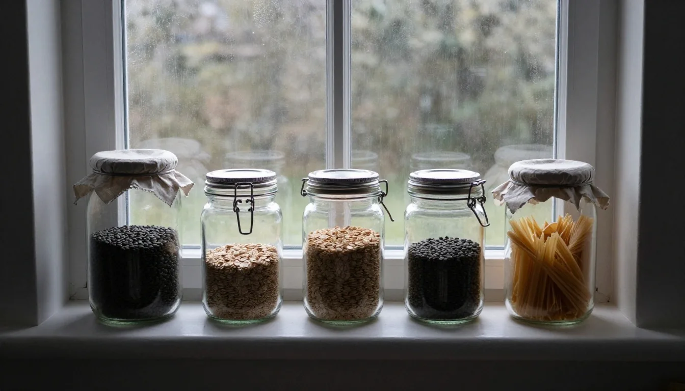 Mismatched glass jars repurposed as dry-goods storage on a windowsill in cool morning light