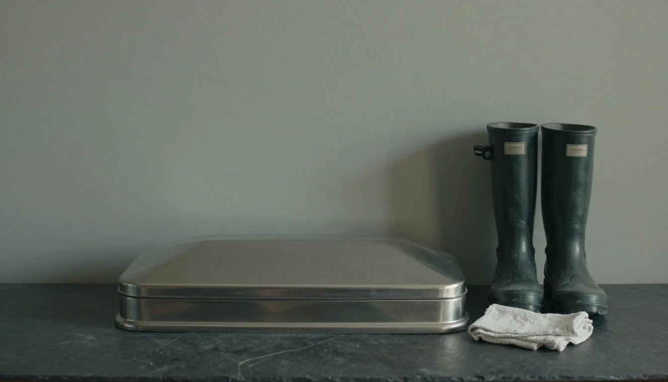 A sealed stainless steel kitchen caddy on a dark kitchen floor, lit from the right