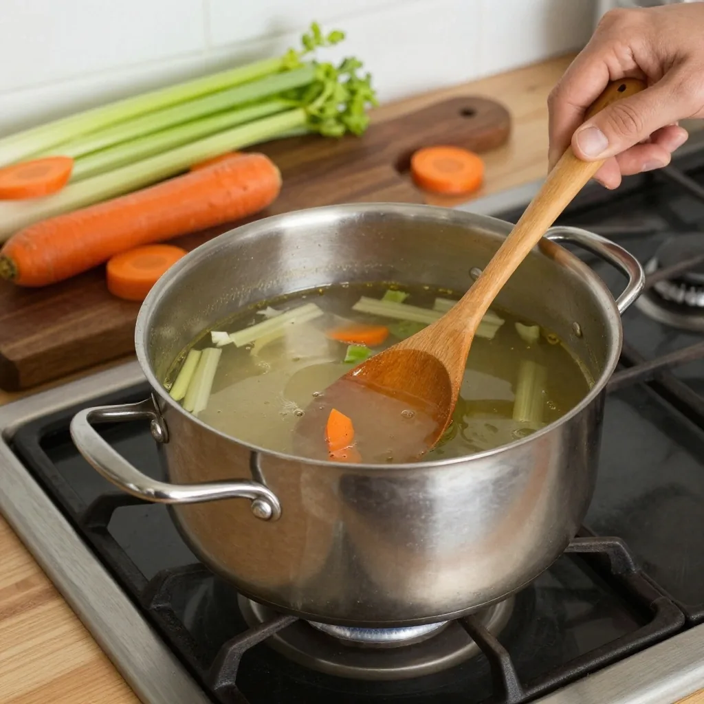 A saucepan of vegetable soup simmering on a hob with carrot and celery offcuts on a board beside it