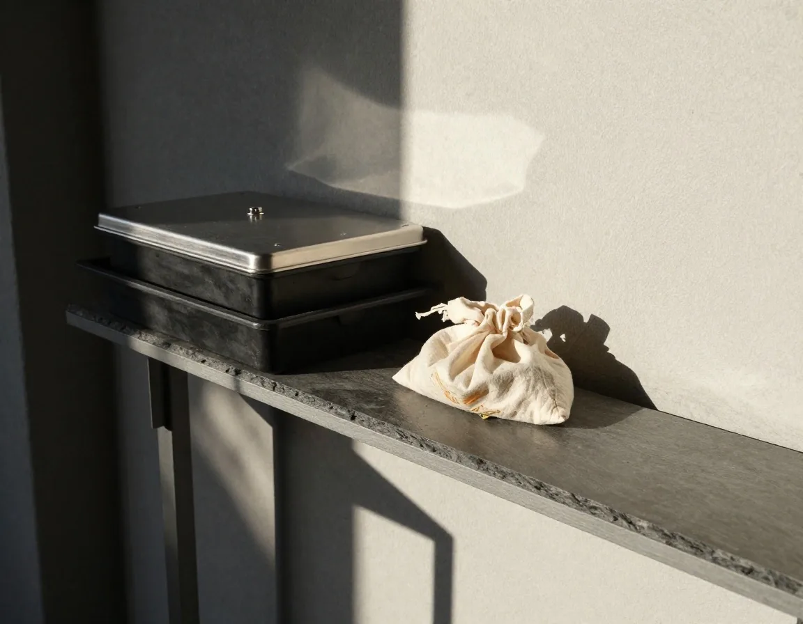 A sealed countertop caddy and wormery tray on a small balcony corner, lit from the right