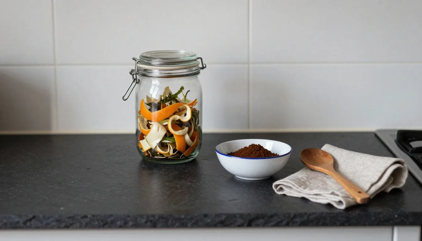 Glass jar of vegetable peelings and coffee grounds on a dark worktop, lit from the right in cool afternoon light