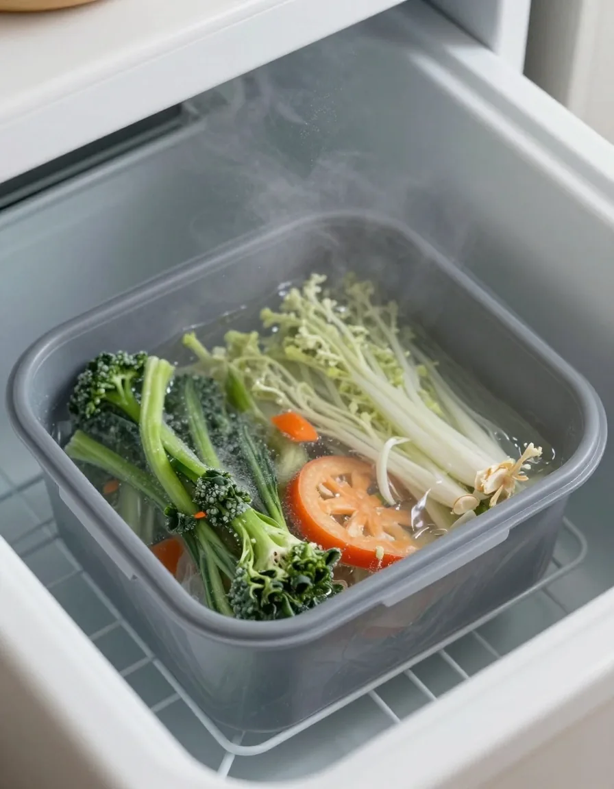 Labelled containers of frozen soup and bread in a home freezer drawer, seen from above