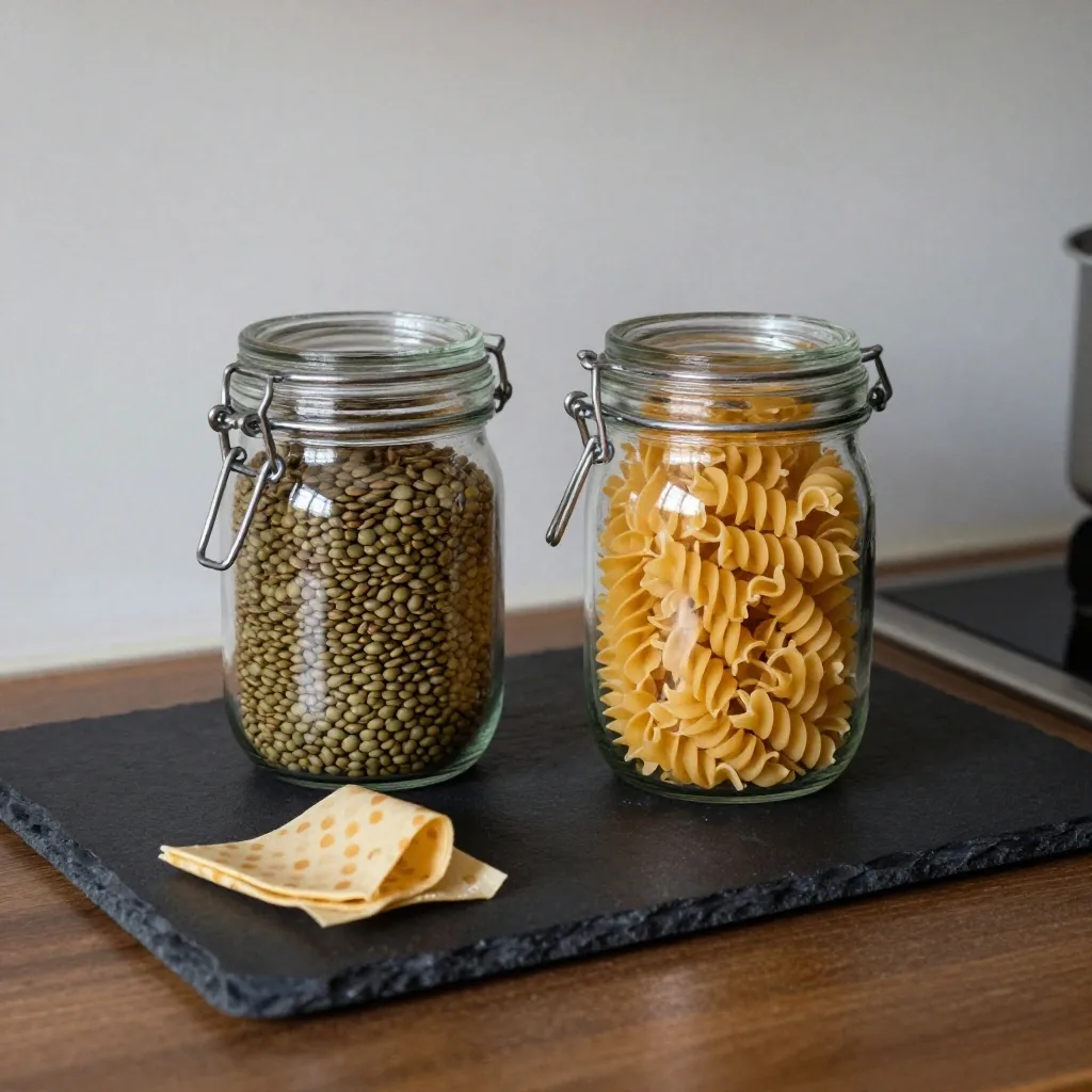 Two open glass storage jars of dried pulses and pasta with a folded beeswax wrap on a dark worktop