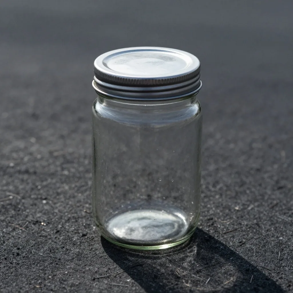 A single empty glass jar with its screw lid, cut out against a dark field in cool right-side light