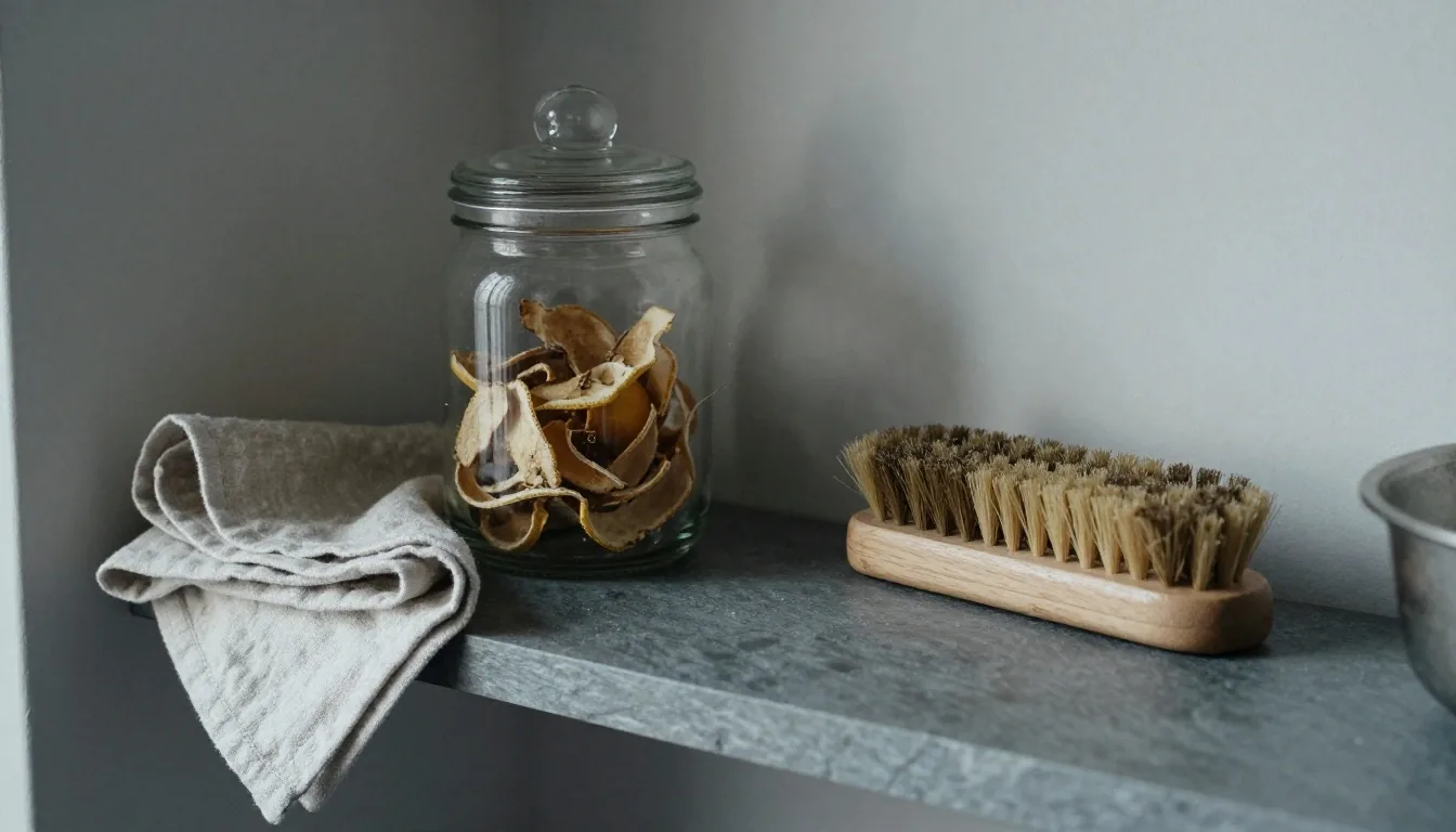 A glass jar, folded linen cloth and curled lemon peel on a matte worktop in cool afternoon light from the right