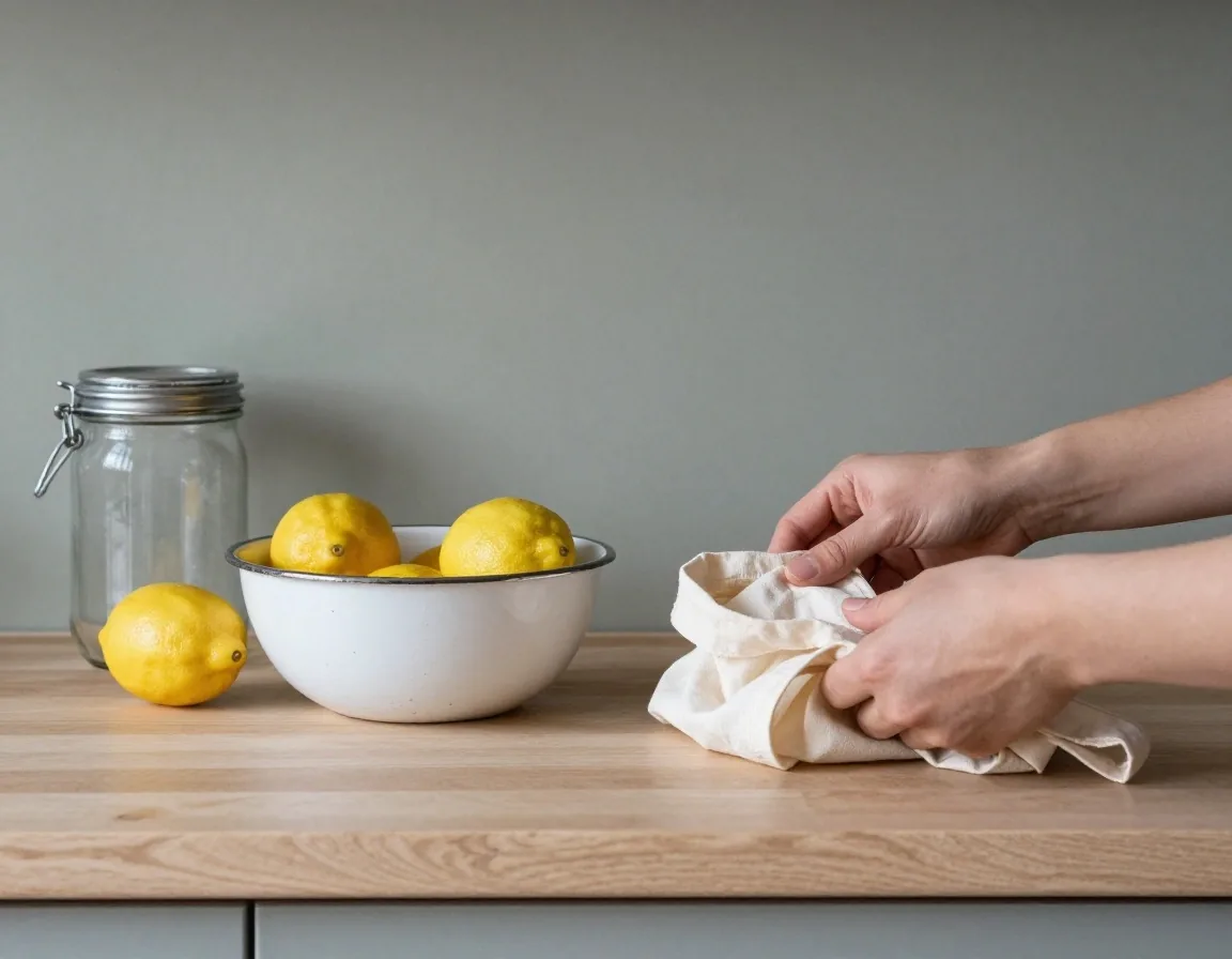 Hands folding a cotton reusable produce bag on a slate worktop beside lemons and a glass storage jar in cool right-side light
