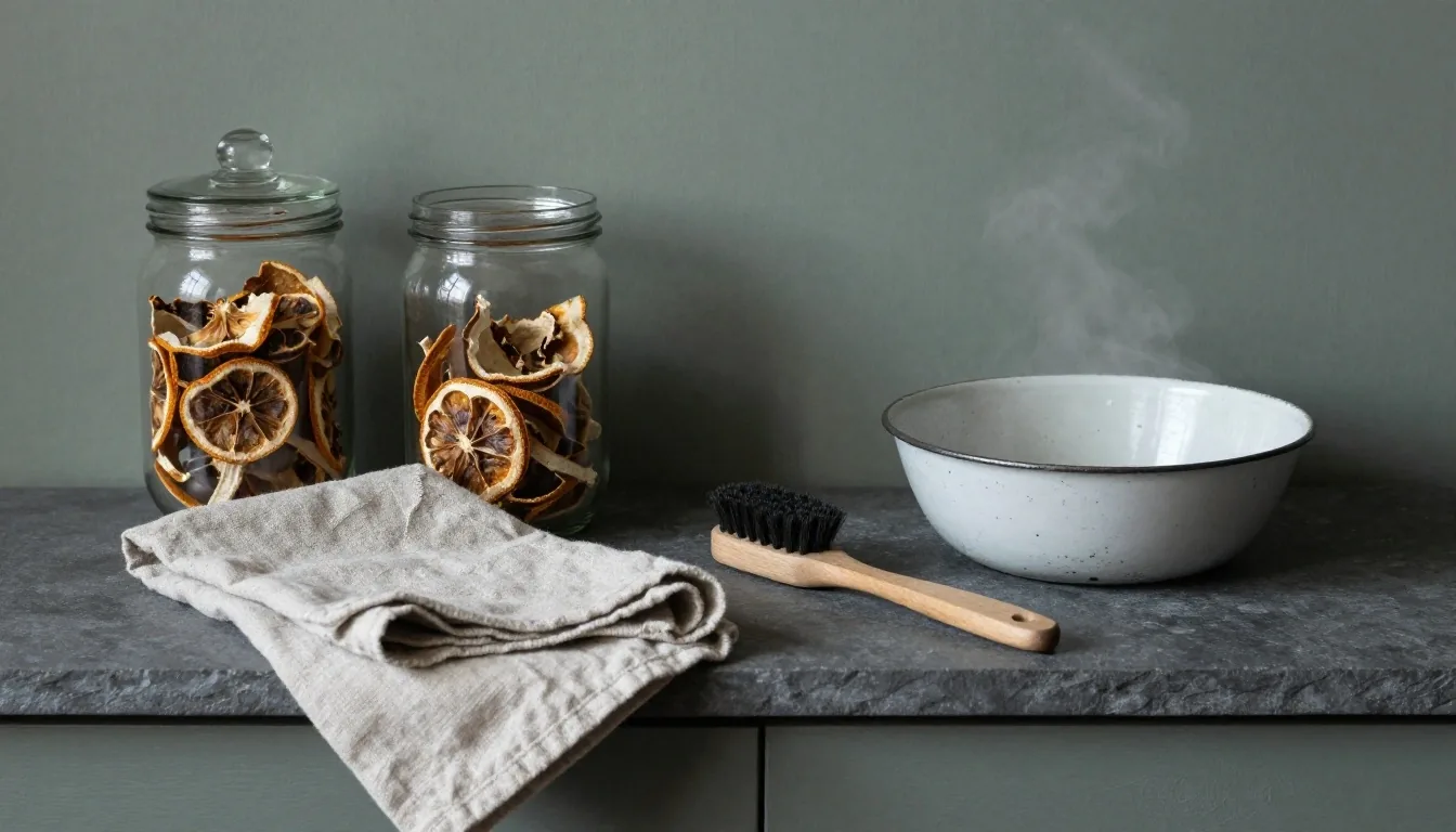 A glass jar, folded linen cloth and curled lemon peel resting on a cool charcoal worktop in low afternoon light