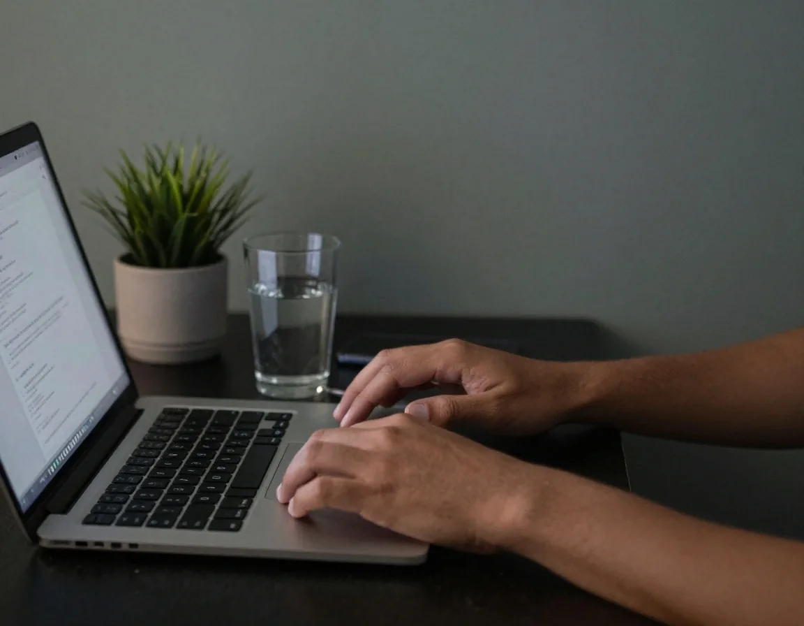 Hands entering an address into a browser on a laptop at a dark worktop, with a glass of water nearby
