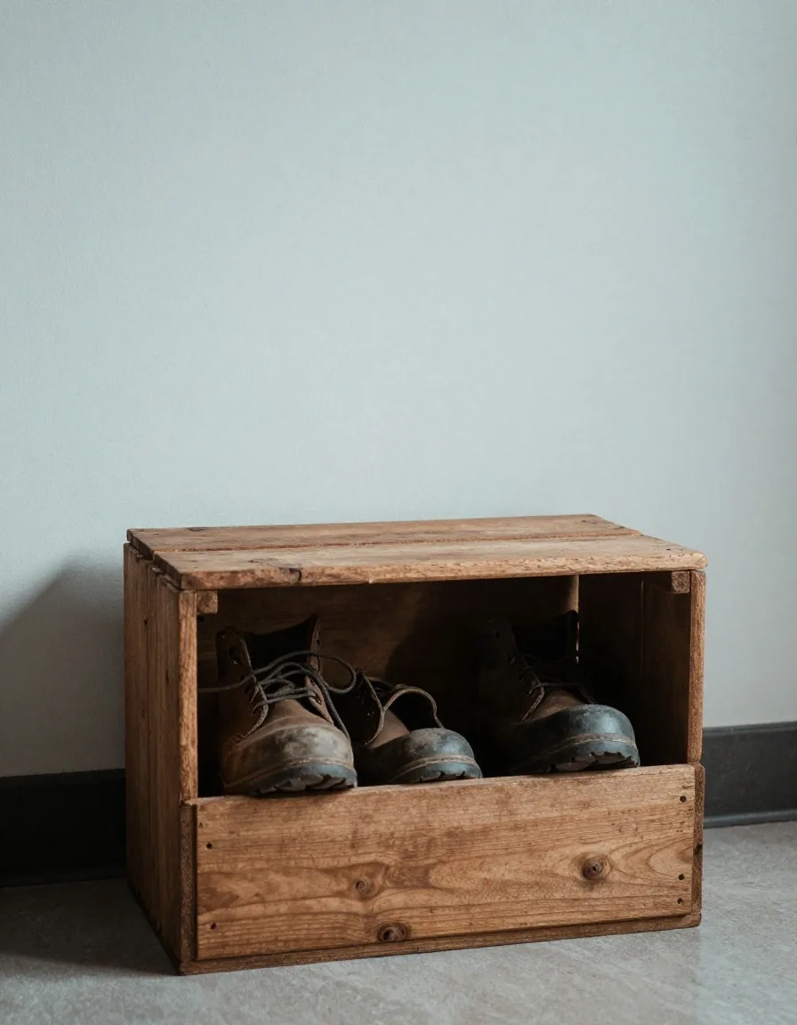 A shallow wooden crate repurposed as a shoe and boot tray beside a front door, cool daylight from the right