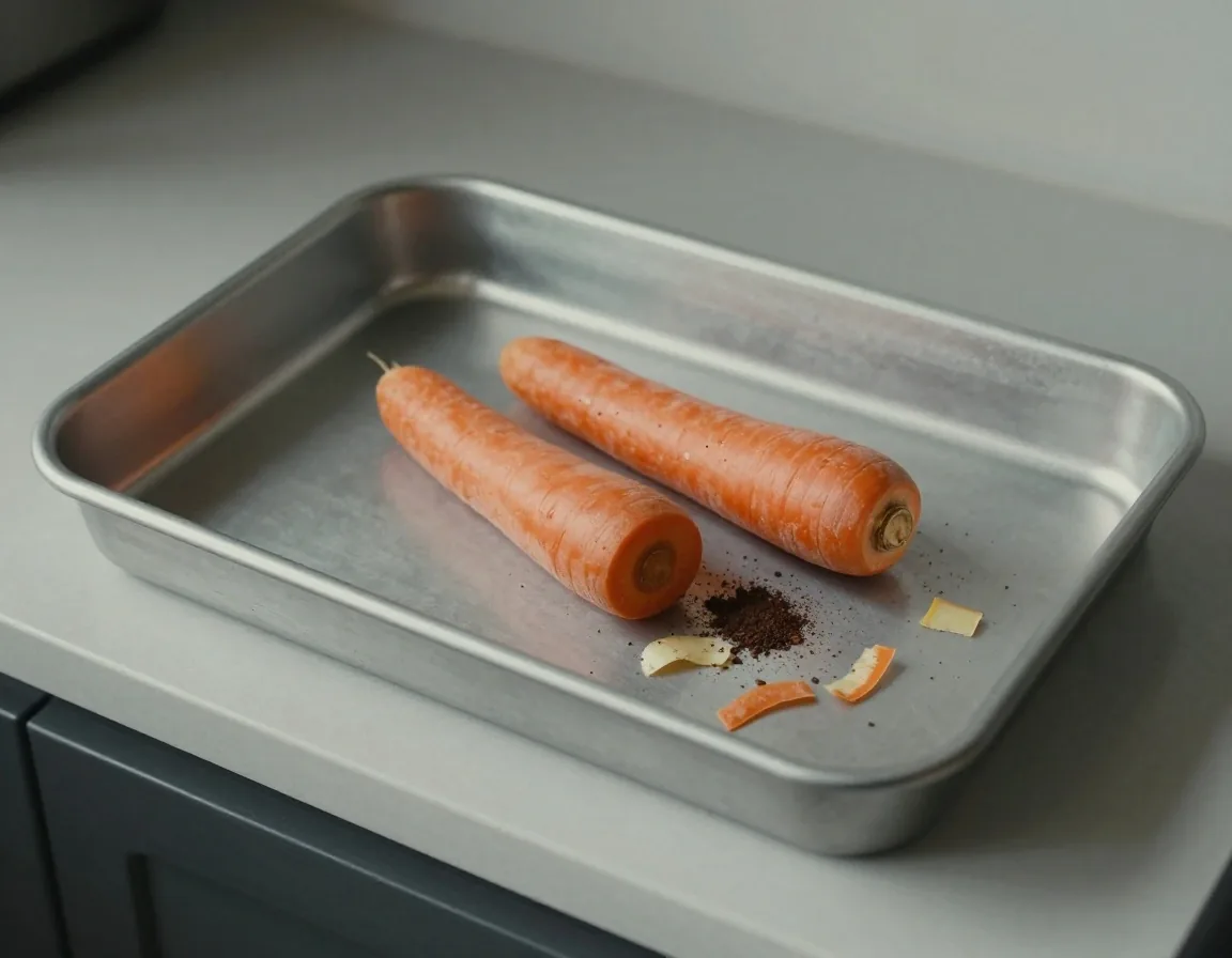A small sealed countertop food caddy on a kitchen worktop with vegetable peelings and coffee grounds beside it, cool afternoon light from the right