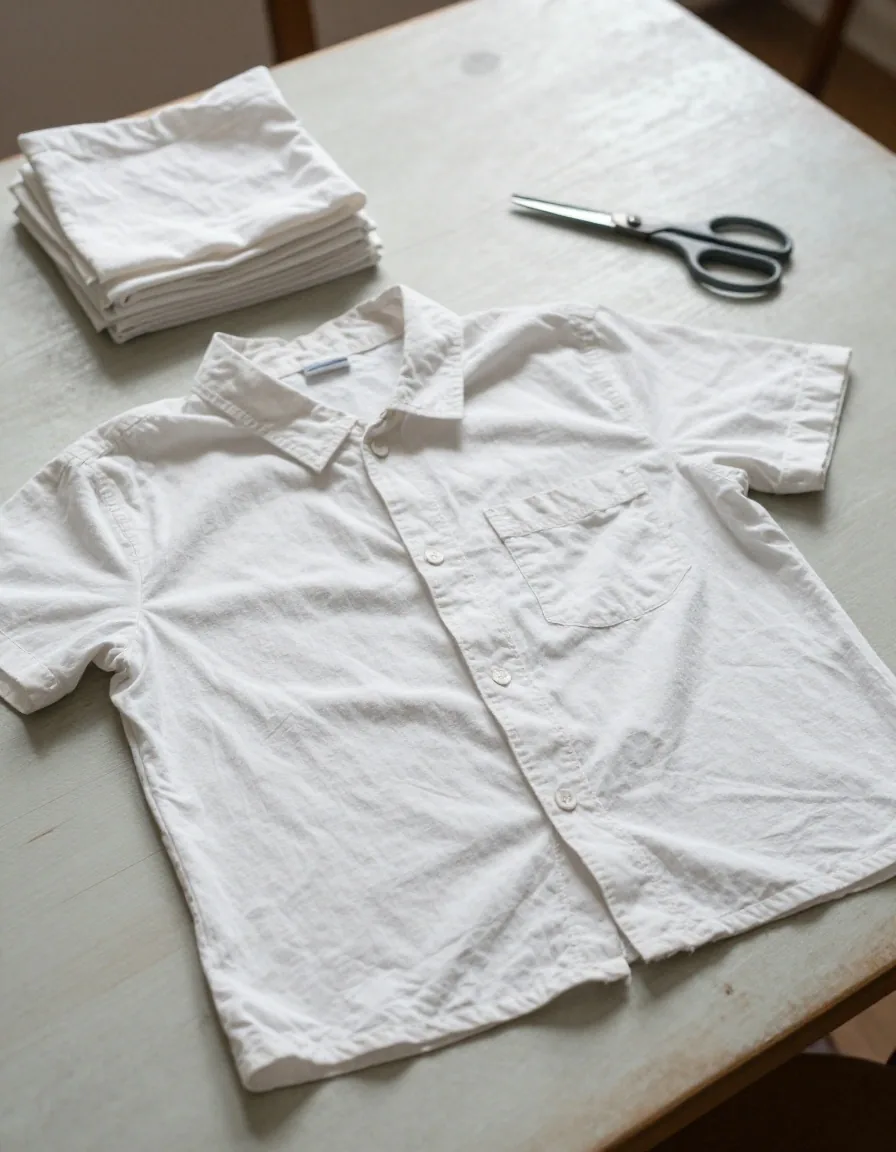 An old cotton shirt cut into squares and folded into a stack on a work surface, scissors resting beside it