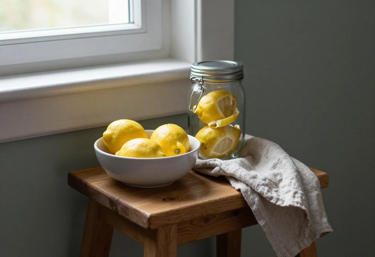 Overhead still life on a matte walnut worktop: a glass jar with a metal lid, a folded linen cloth, a curled lemon peel and a walnut cutting board, lit by cool afternoon light from the right