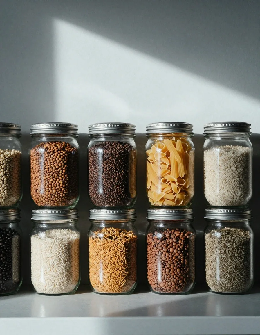 Repurposed glass jars used as dry-goods storage on a kitchen shelf, cool morning light from the left