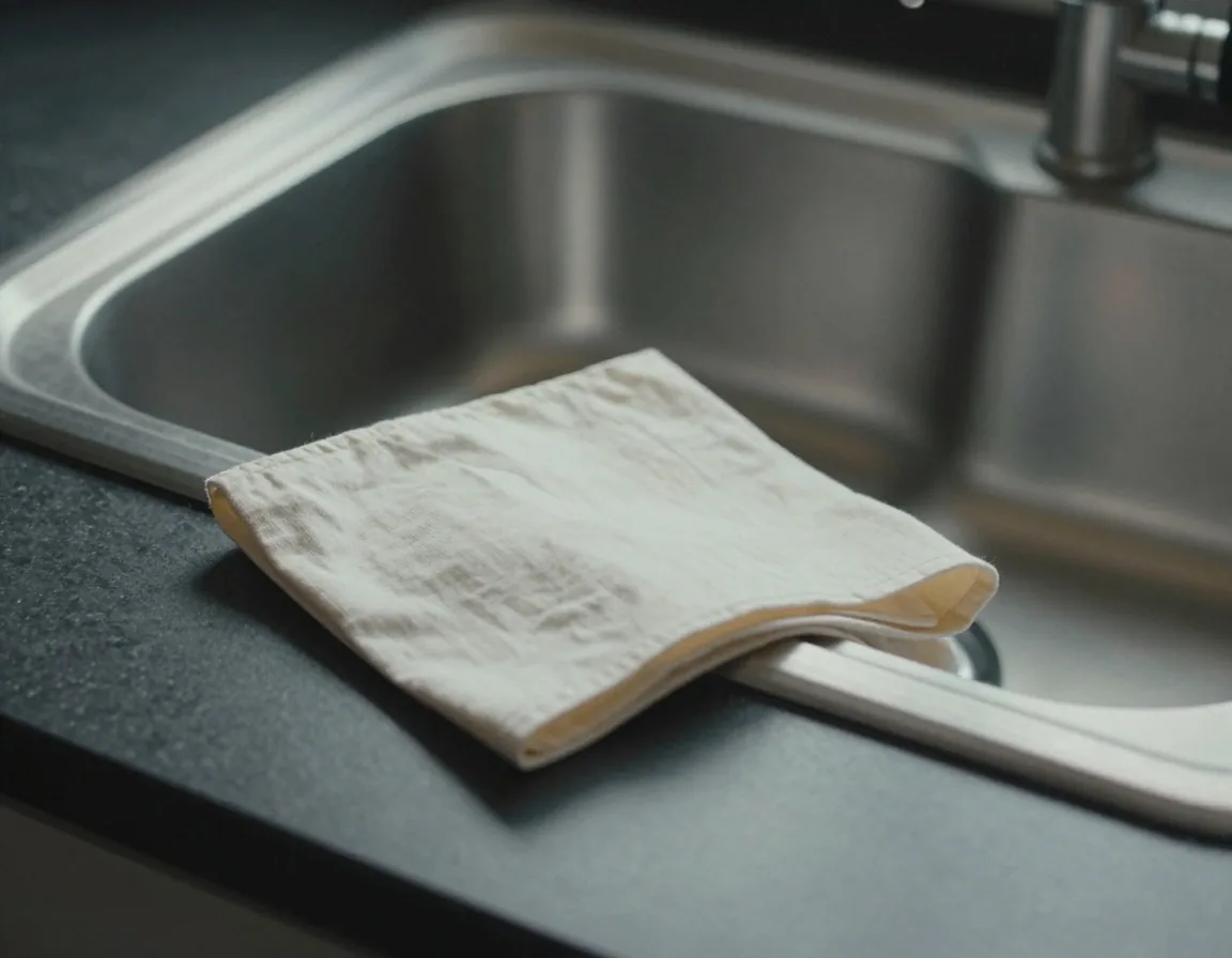 Two hands folding a cotton produce bag over the edge of a stainless steel sink, cool afternoon light from the right