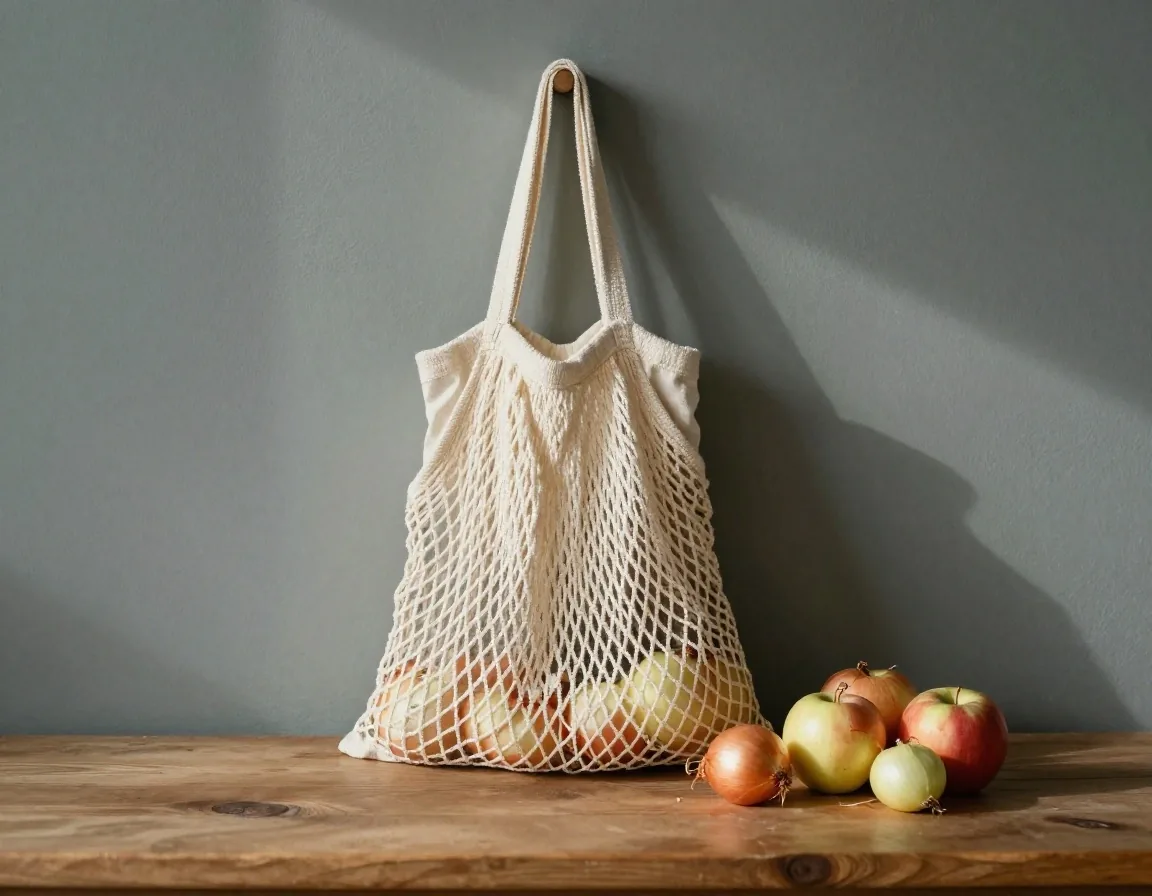 A cloth produce bag and a mesh produce bag on a worktop beside loose onions and apples