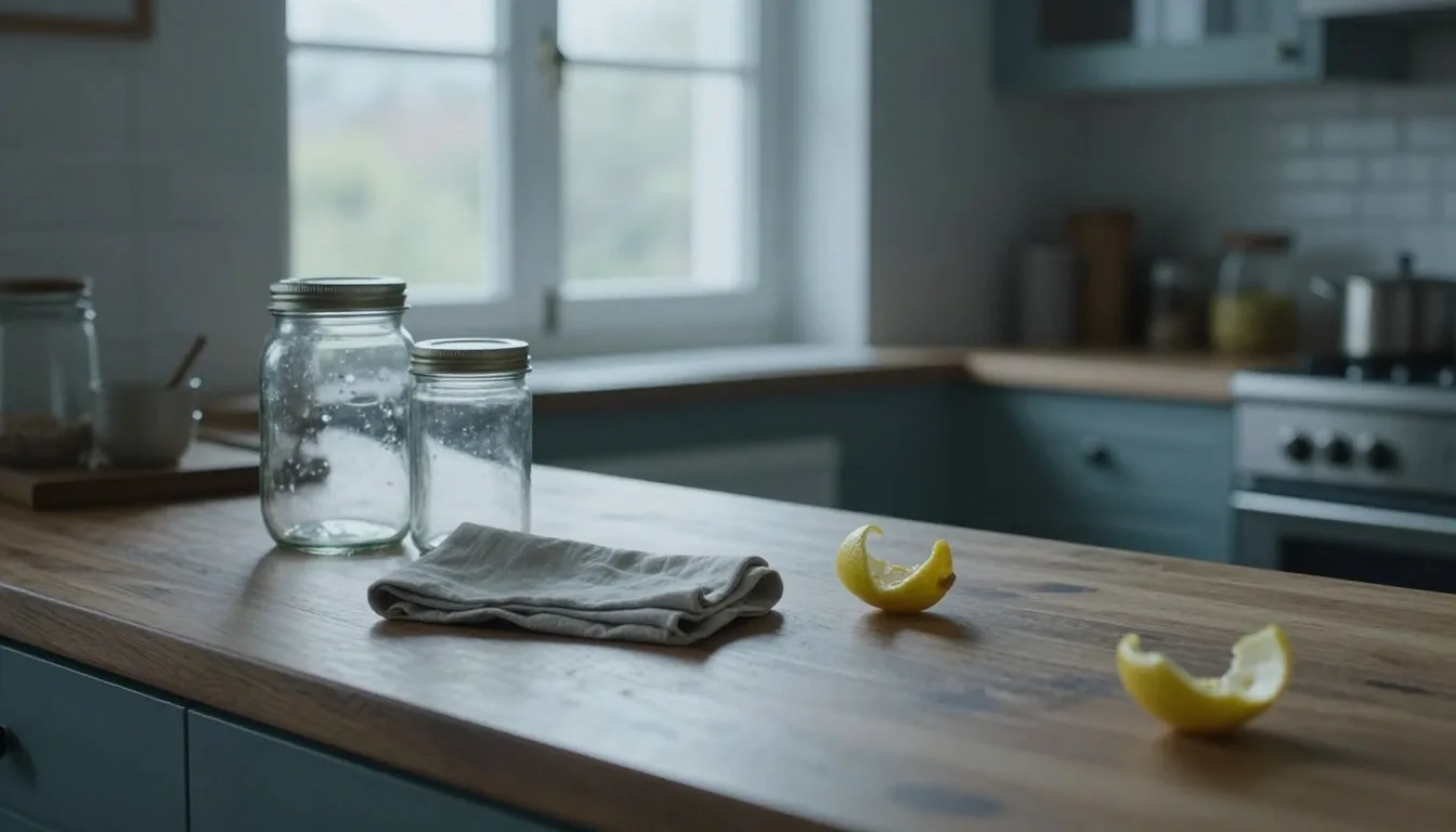 Glass storage containers, a linen cloth and a curled lemon peel on a walnut worktop lit from the right