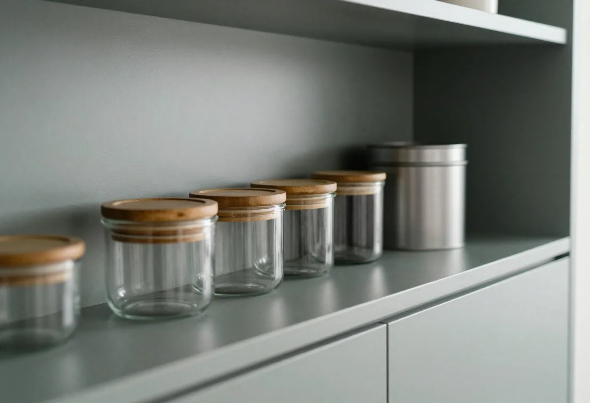 Nesting glass containers and stackable metal tins on a small kitchen shelf in daylight