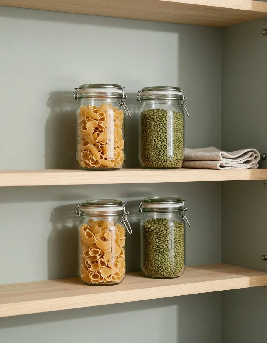 Two clean glass jars holding dried pasta and lentils on a pantry shelf