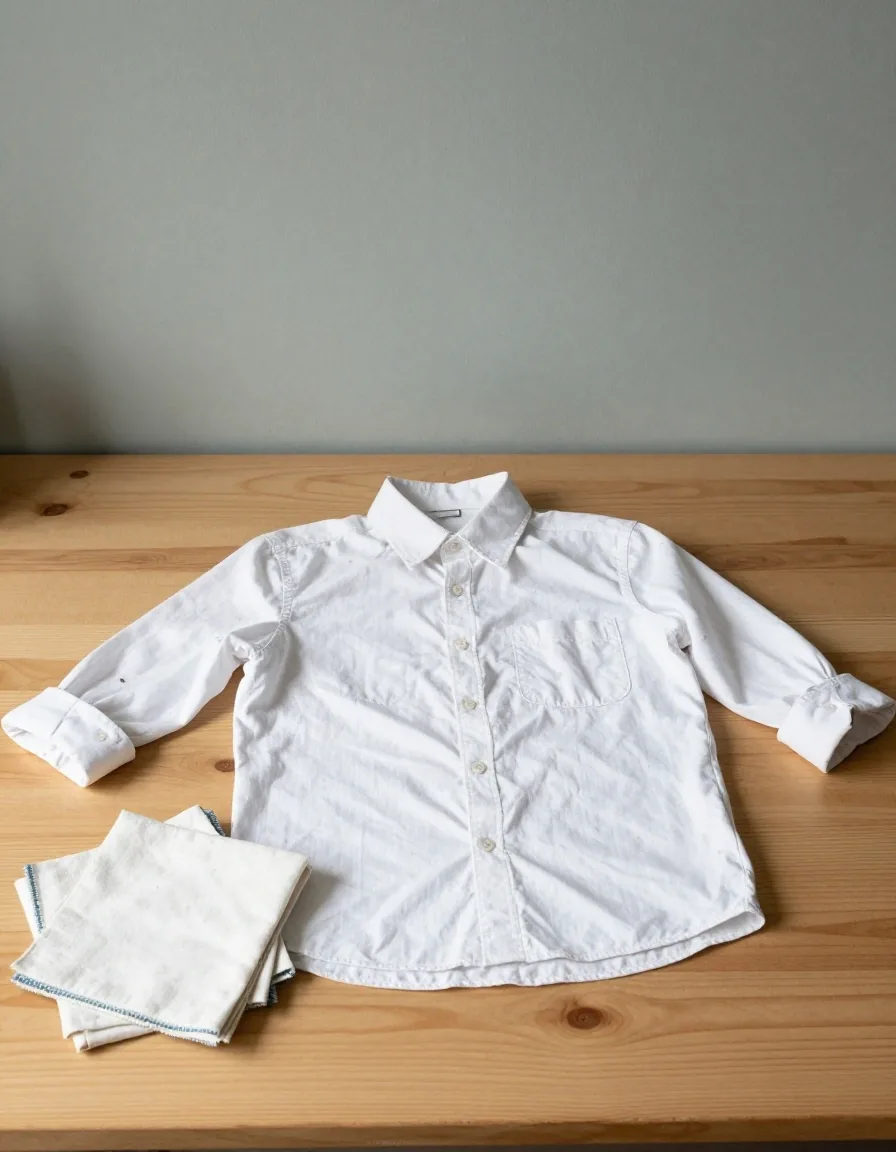 Worn cotton shirts stacked beside folded fabric squares being cut into cleaning cloths