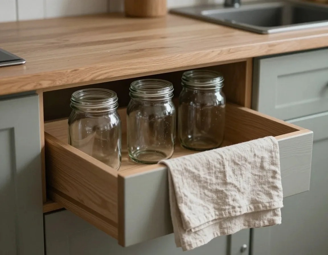 Cleaned glass jars stored lid-off in a kitchen drawer under cool side light