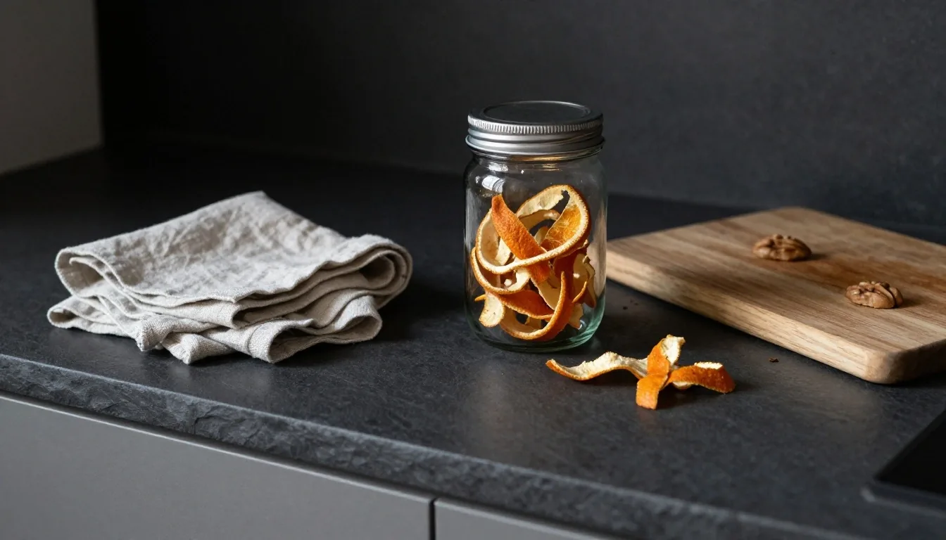 Repurposed glass jar, folded linen cloth and a walnut board on a cool slate worktop in late afternoon light