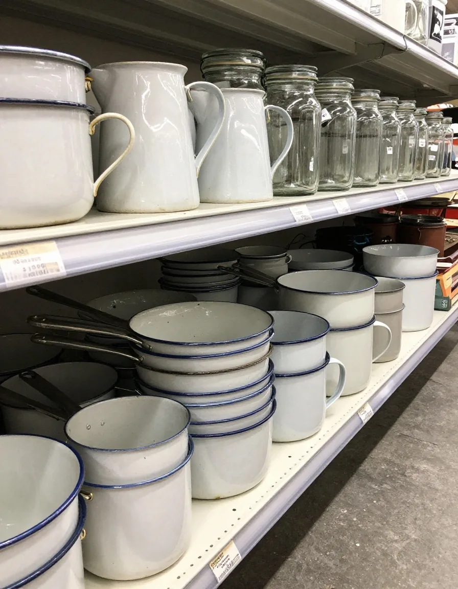 A charity shop shelf of mismatched glass jars, enamel jugs and second-hand saucepans in cool daylight