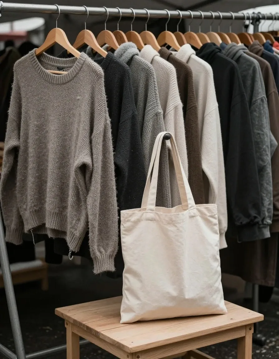 Folded second-hand woollen jumpers and a canvas tote stacked on a market table in overcast daylight