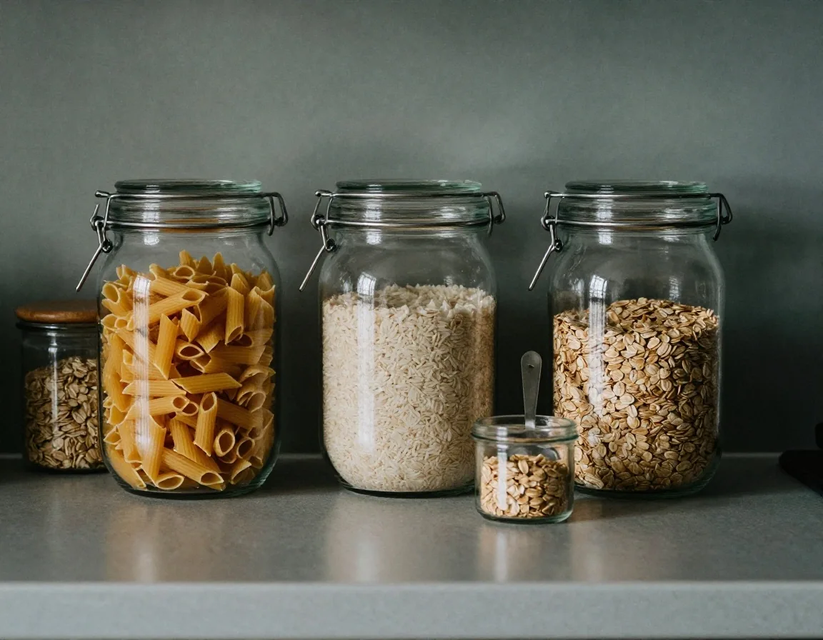 Large glass jars of rice, pasta and oats arranged on a counter beside smaller refill jars in cool side light