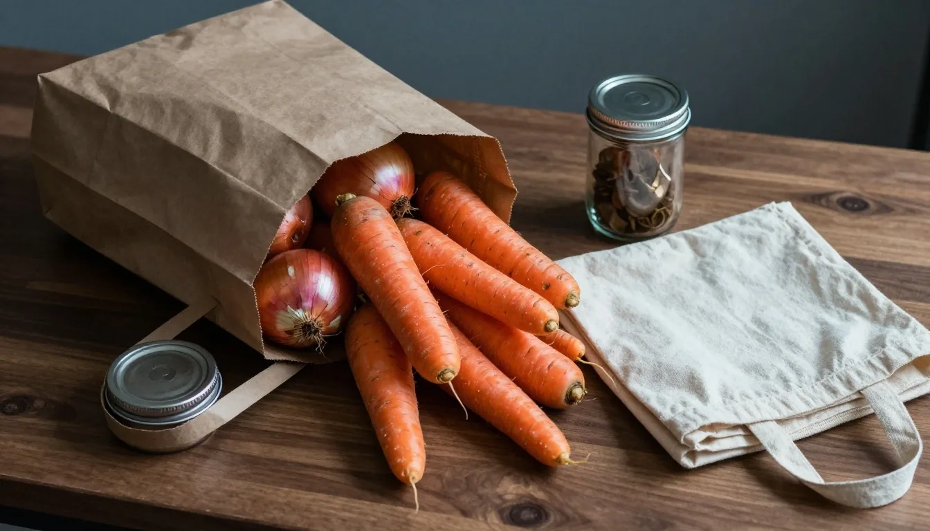 Overhead worktop scene with a paper bag of loose vegetables, cotton produce bags and glass storage jars under cool afternoon light