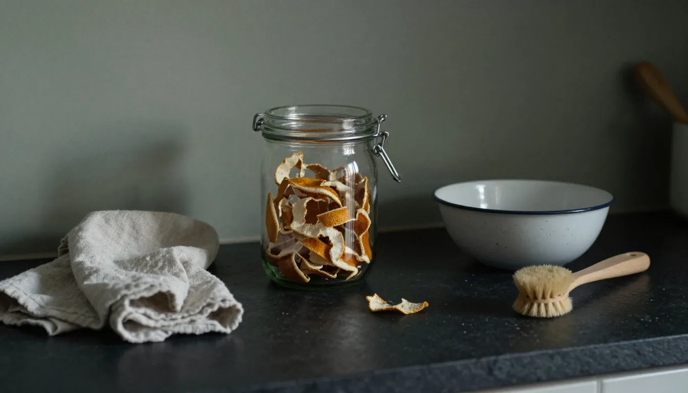 Glass jar, folded linen cloth and a curled lemon peel on a matte worktop under cool afternoon light from the right