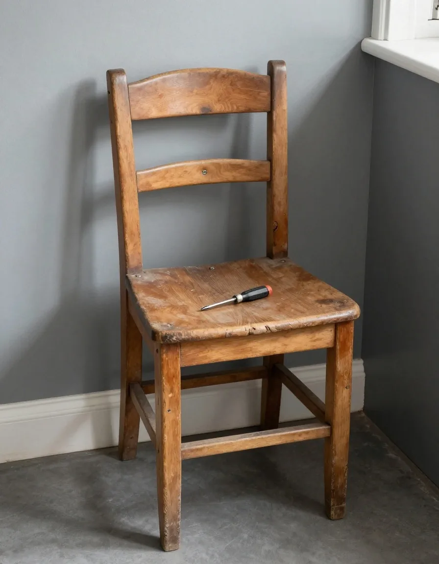 A wooden chair in a hallway with a screwdriver and a replacement screw on the seat, lit from the right