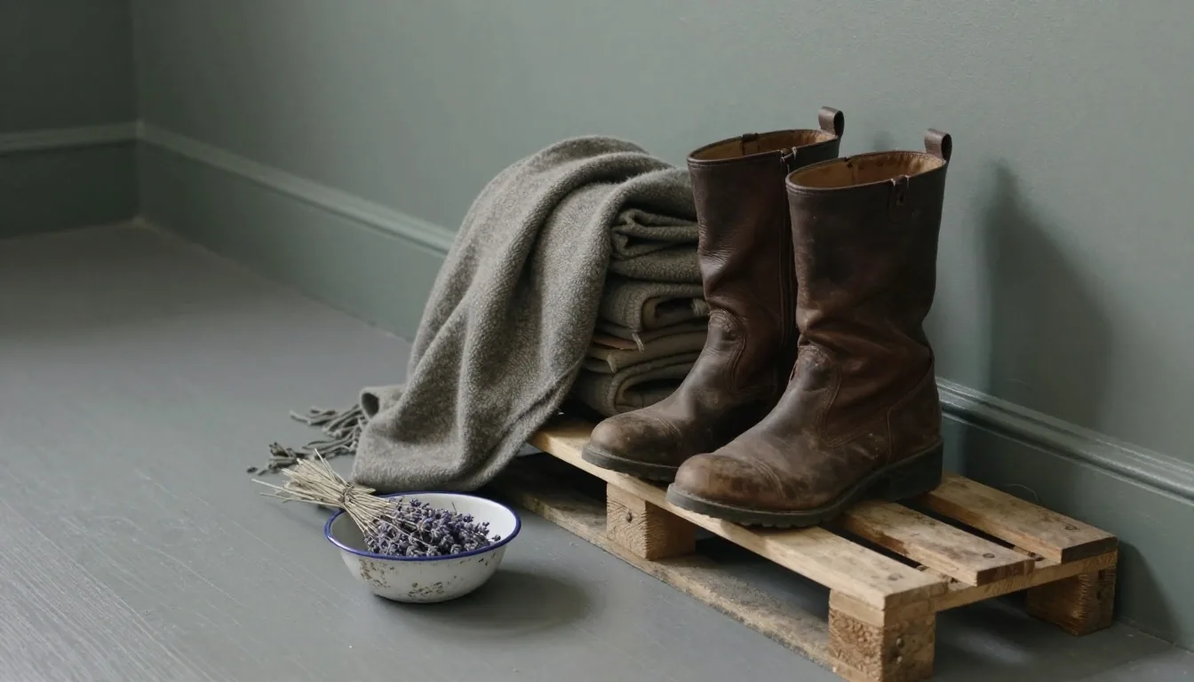 Glass jar, folded linen cloth and a curled lemon peel on a matte walnut worktop in cool afternoon light from the right