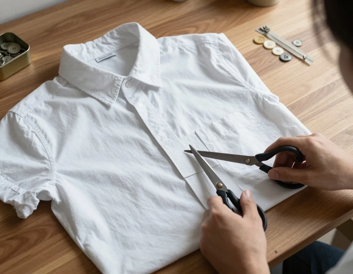 Hands cutting a worn cotton shirt into squares on a walnut worktop, with a tin of buttons nearby