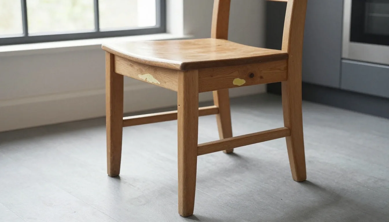 A repaired wooden dining chair with a visible new dowel joint in a UK kitchen with cool daylight from the left