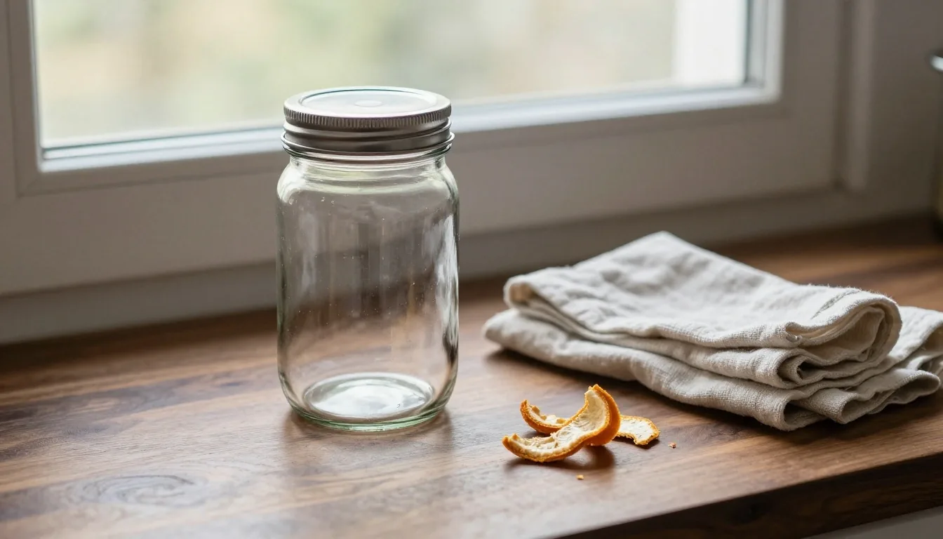 Glass jar, folded linen cloth and dried citrus peel arranged on a dark walnut worktop under cool afternoon light