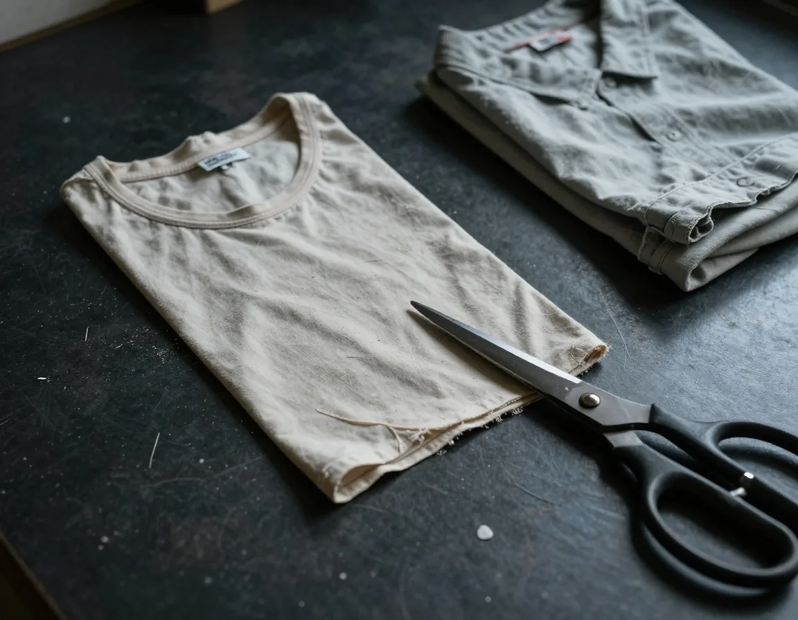 Worn cotton shirt being cut into flat cleaning cloths on a dark worktop under cool side light