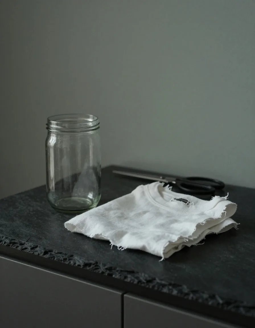 A clean glass jam jar on a dark counter beside strips of torn cotton fabric