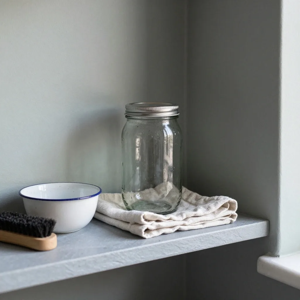 A single glass preserving jar with a metal lid on a dark counter, lit from the right