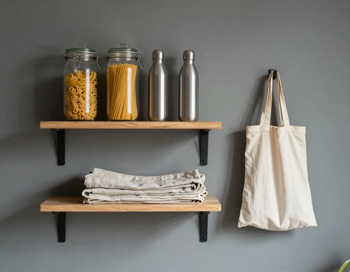 A kitchen shelf holding a reused glass jar of pasta, a steel bottle, folded cloths and a cotton produce bag