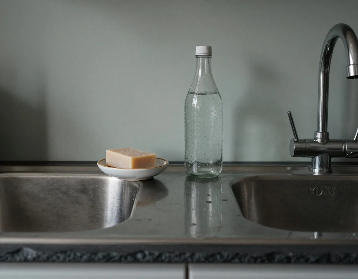 A kitchen sink edge with a bar of soap in a dish beside a refillable glass bottle