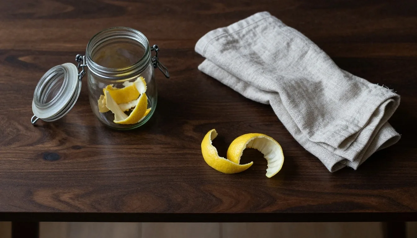 Glass jar, folded linen cloth and lemon peel on a dark worktop in low afternoon light from the right