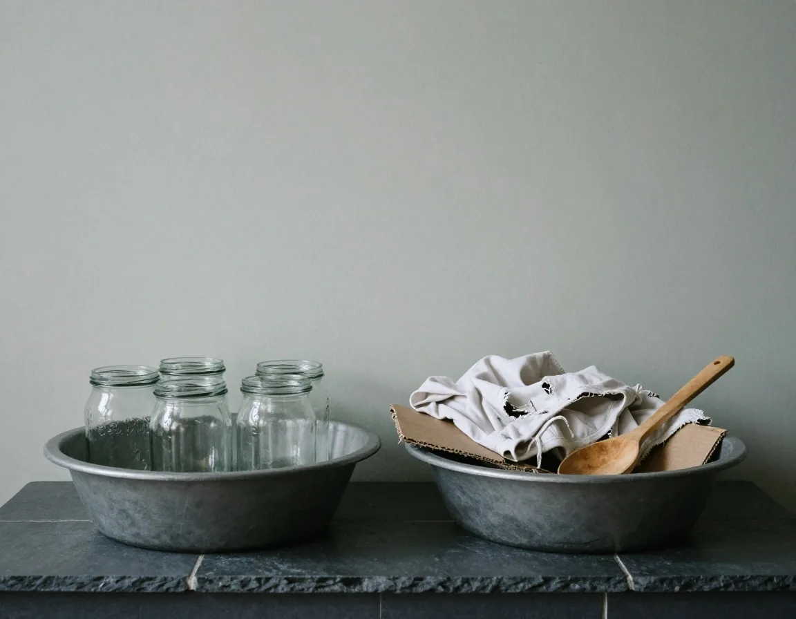 Two shallow bins on a dark floor, one with clean glass jars and flattened cardboard, the other with a torn shirt and a broken wooden spoon